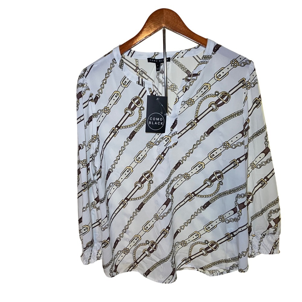 Como Black Blouse Womens L White NWT Equestrian Belt Chain Print Split Neck Top